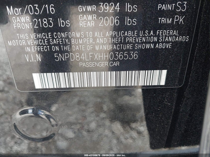 2017 HYUNDAI ELANTRA LIMITED - 5NPD84LFXHH036536