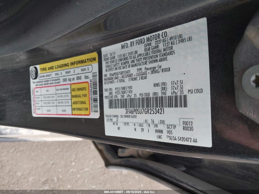 2016 Ford Fusion Energi Titanium VIN: 3FA6P0SU7GR253421 Lot: 43185687