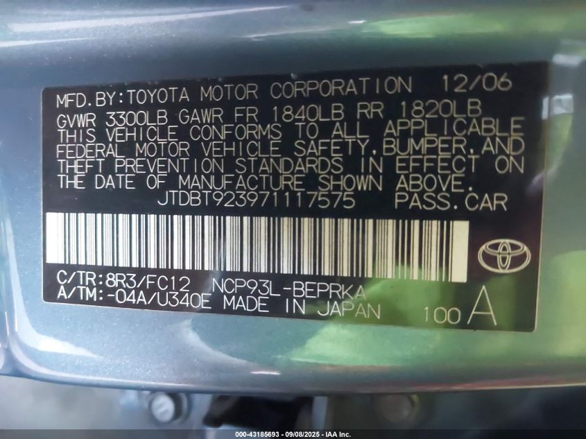 2007 Toyota Yaris S VIN: JTDBT923971117575 Lot: 43185693