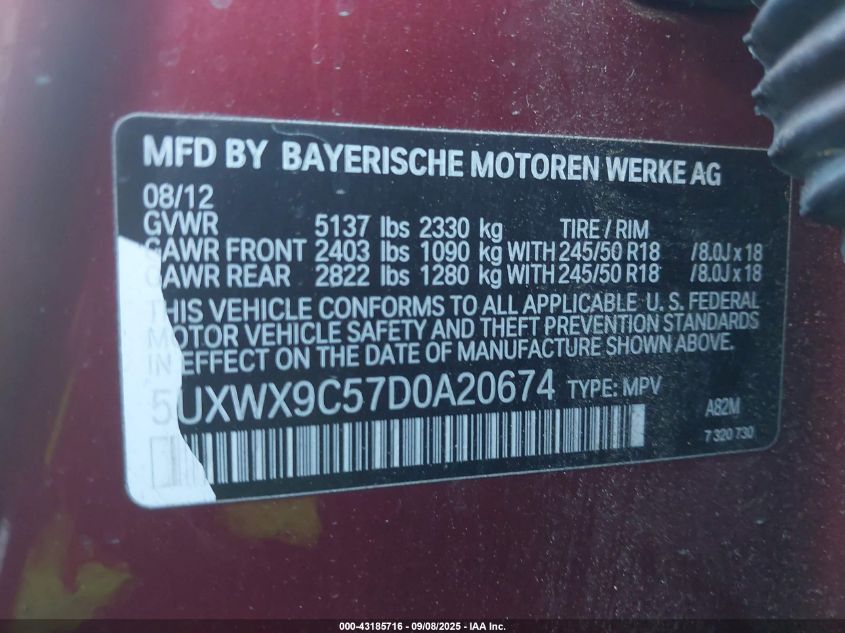 2013 BMW X3 xDrive28I VIN: 5UXWX9C57D0A20674 Lot: 43185716