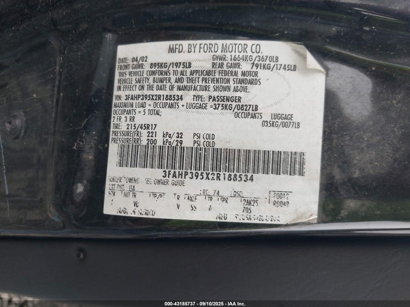 3FAHP395X2R188534 2002 FORD FOCUS photo no. 9