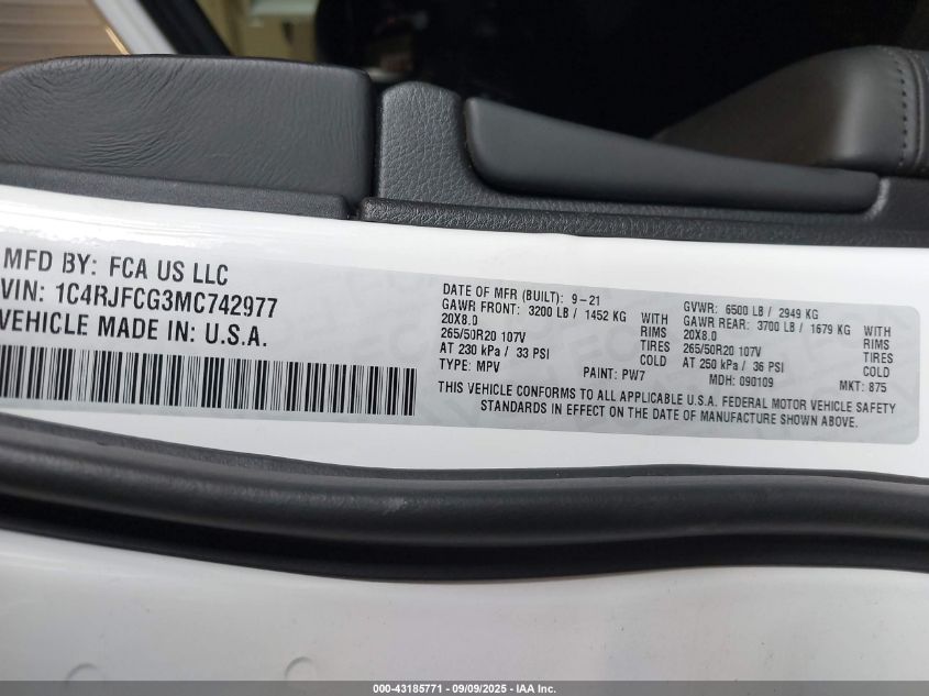 2021 Jeep Grand Cherokee High Altitude 4X4 VIN: 1C4RJFCG3MC742977 Lot: 43185771
