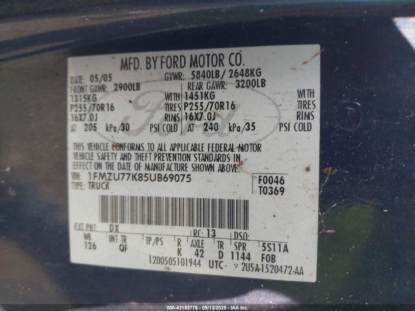 2005 Ford Explorer Sport Trac Adrenalin/Xls/Xlt VIN: 1FMZU77K85UB69075 Lot: 43185776