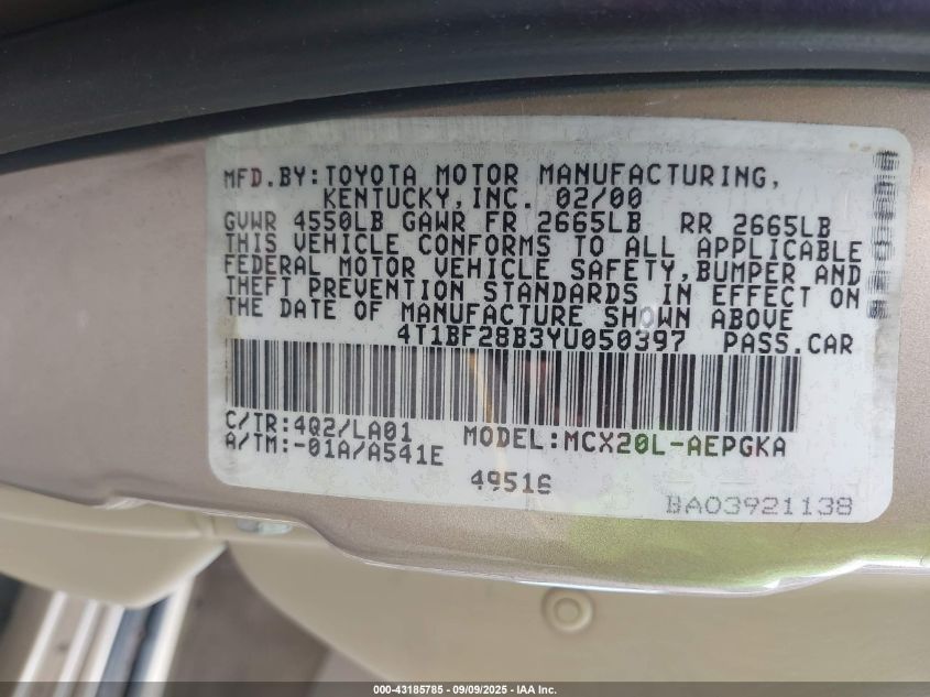 2000 Toyota Avalon Xls VIN: 4T1BF28B3YU050397 Lot: 43185785