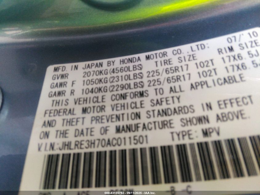 2010 Honda Cr-V Ex-L VIN: JHLRE3H70AC011501 Lot: 43185792