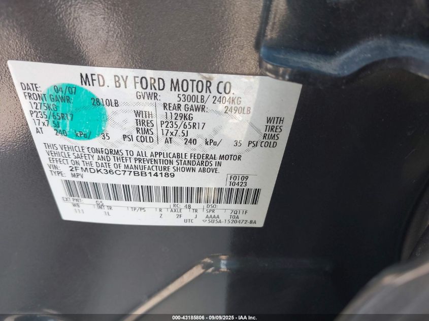 2007 Ford Edge Se VIN: 2FMDK36C77BB14189 Lot: 43185806