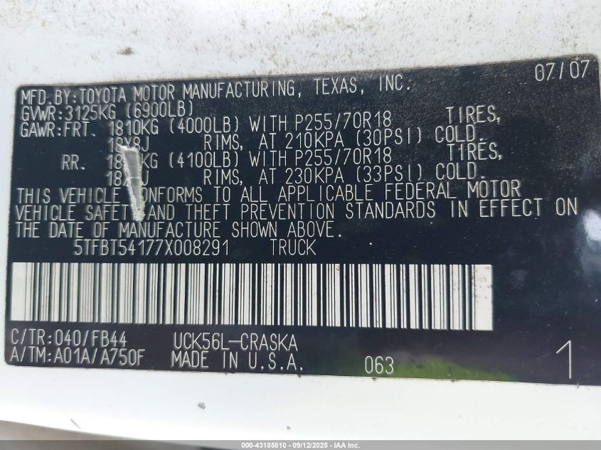 2007 Toyota Tundra Sr5 4.7L V8 VIN: 5TFBT54177X008291 Lot: 43185810