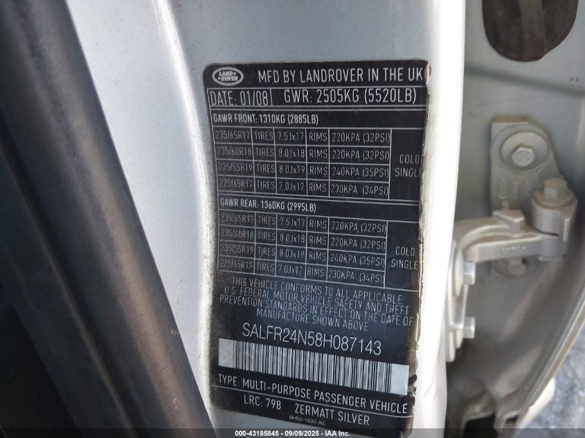 2008 Land Rover Lr2 Hse VIN: SALFR24N58H087143 Lot: 43185845