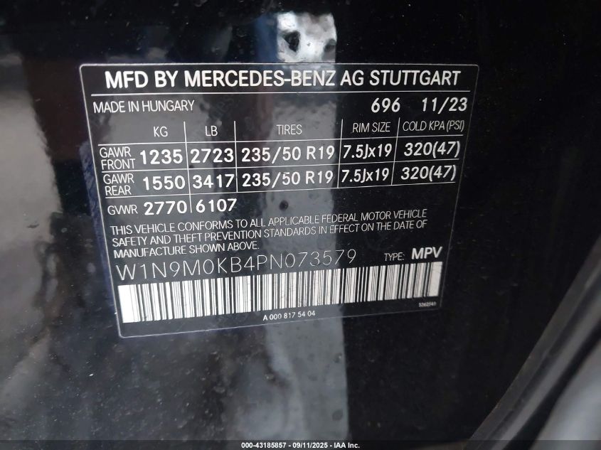 2023 Mercedes-Benz Eqb 4Matic VIN: W1N9M0KB4PN073579 Lot: 43185857