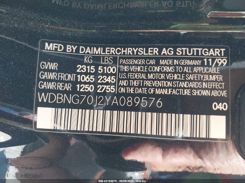 2000 Mercedes-Benz S 430 VIN: WDBNG70J2YA089576 Lot: 43185870
