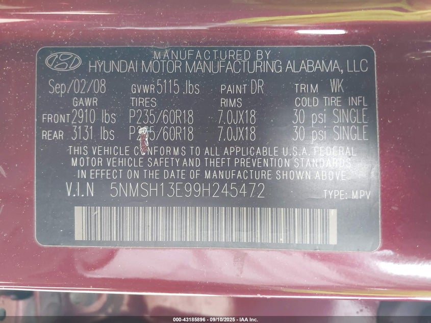 2009 Hyundai Santa Fe Limited VIN: 5NMSH13E99H245472 Lot: 43185896