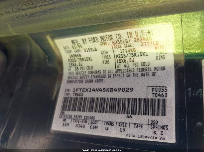 1995 Ford F150 VIN: 1FTEX14N4SKB49029 Lot: 43185902