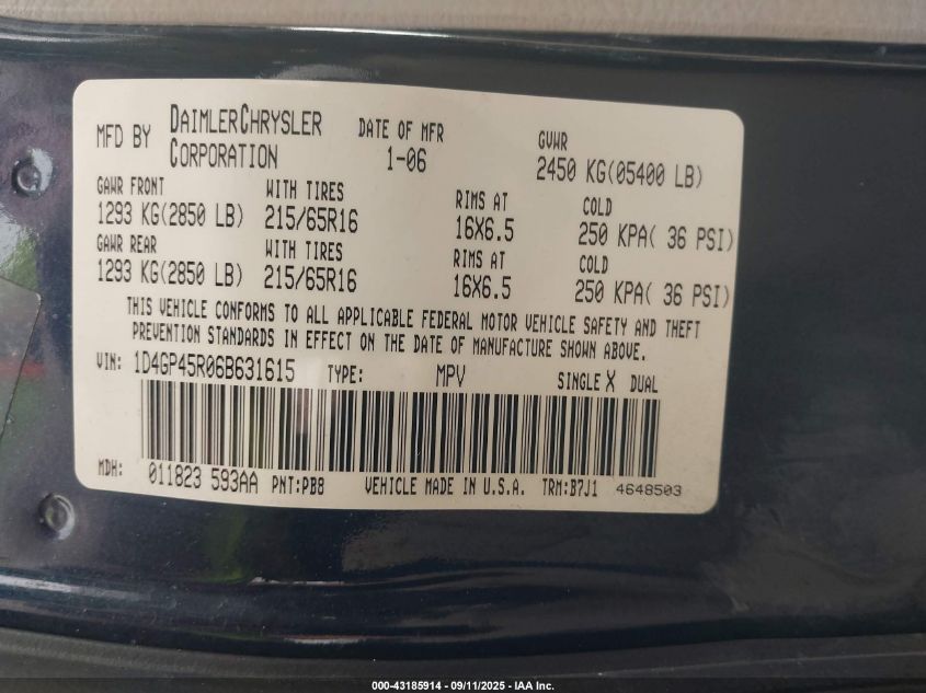2006 Dodge Caravan Sxt VIN: 1D4GP45R06B631615 Lot: 43185914