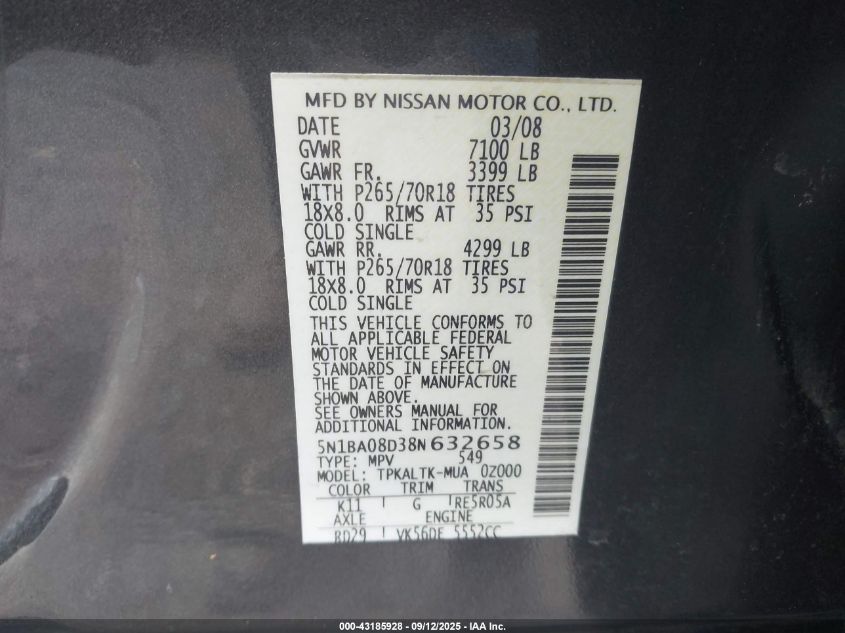 2008 Nissan Armada Se VIN: 5N1BA08D38N632658 Lot: 43185928