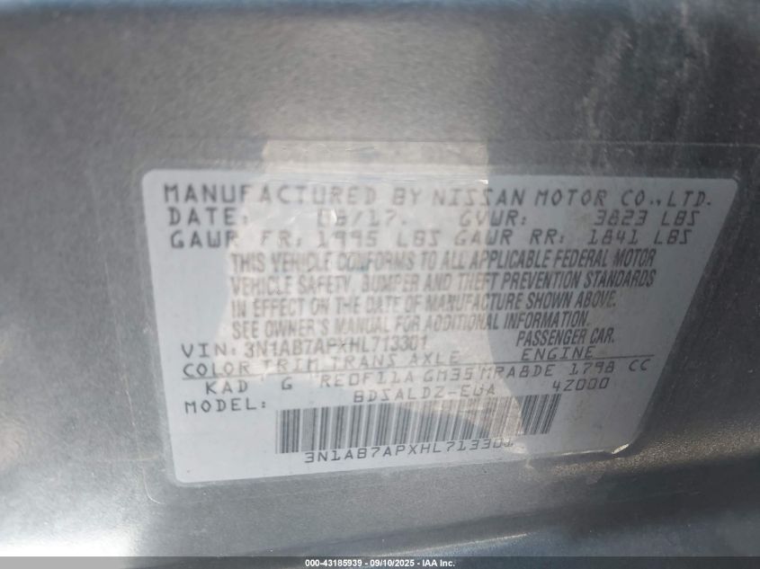 2017 Nissan Sentra Sv VIN: 3N1AB7APXHL713301 Lot: 43185939