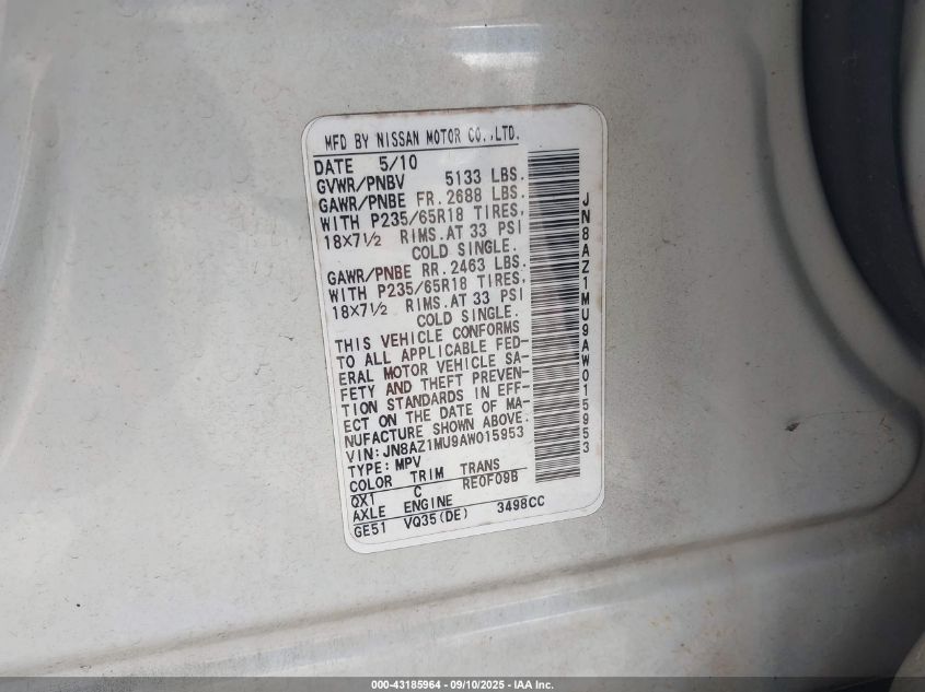 2010 Nissan Murano S VIN: JN8AZ1MU9AW015953 Lot: 43185964