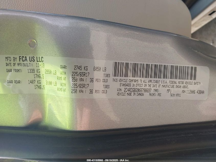 2019 Dodge Grand Caravan Se VIN: 2C4RDGBG9KR798697 Lot: 43185966