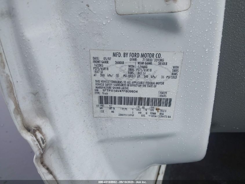 2007 Ford F-150 Fx4/Lariat/Xl/Xlt VIN: 1FTPX14V47FB39934 Lot: 43185982
