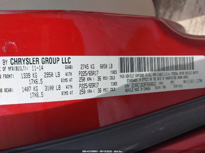 2015 Chrysler Town & Country Touring VIN: 2C4RC1BG9FR608631 Lot: 43185993