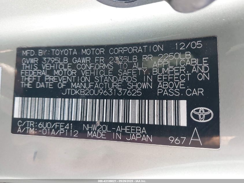 2006 Toyota Prius VIN: JTDKB20U963137625 Lot: 43186021