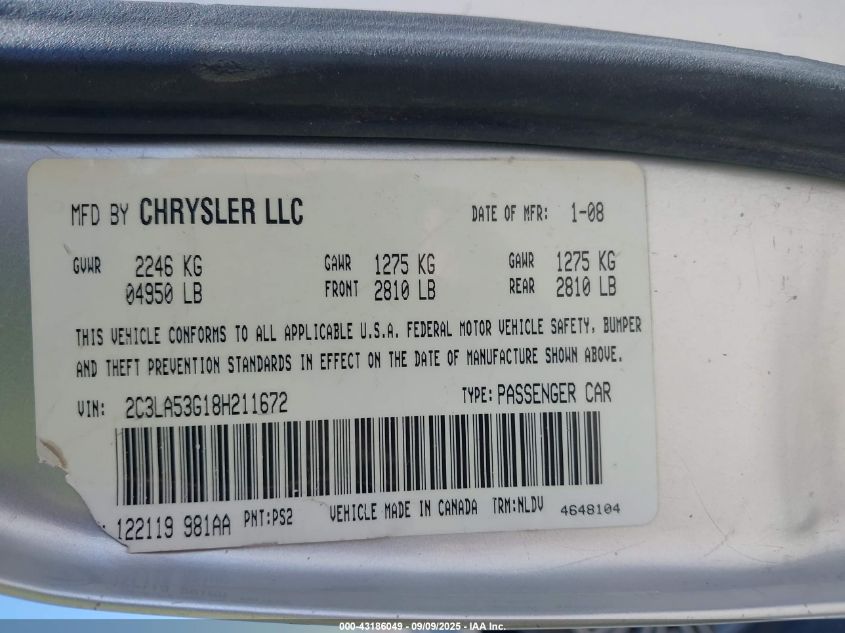 2008 Chrysler 300 Touring VIN: 2C3LA53G18H211672 Lot: 43186049