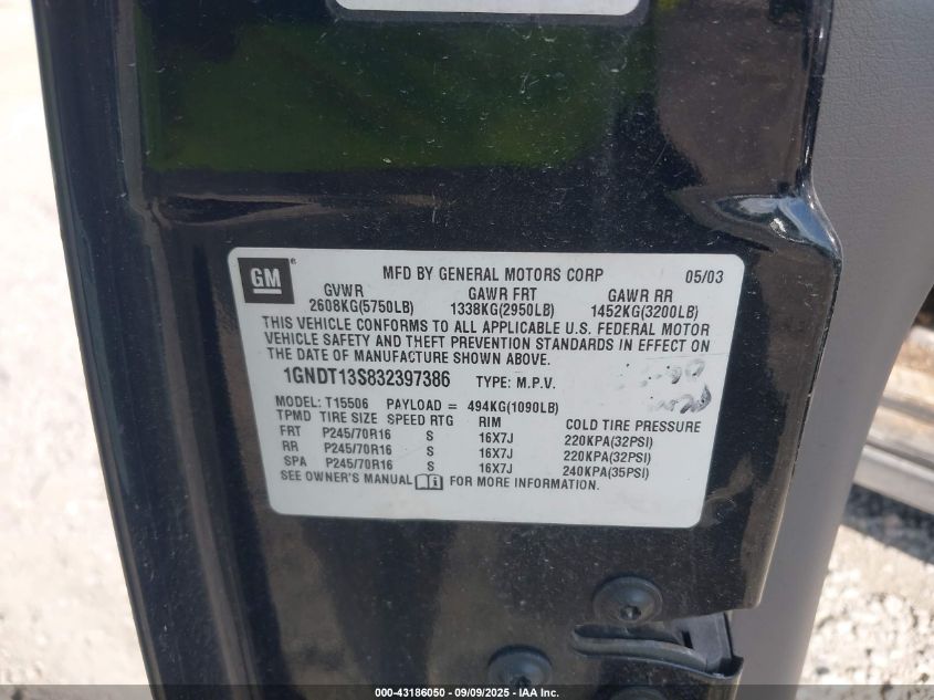 2003 Chevrolet Trailblazer Lt VIN: 1GNDT13S832397386 Lot: 43186050