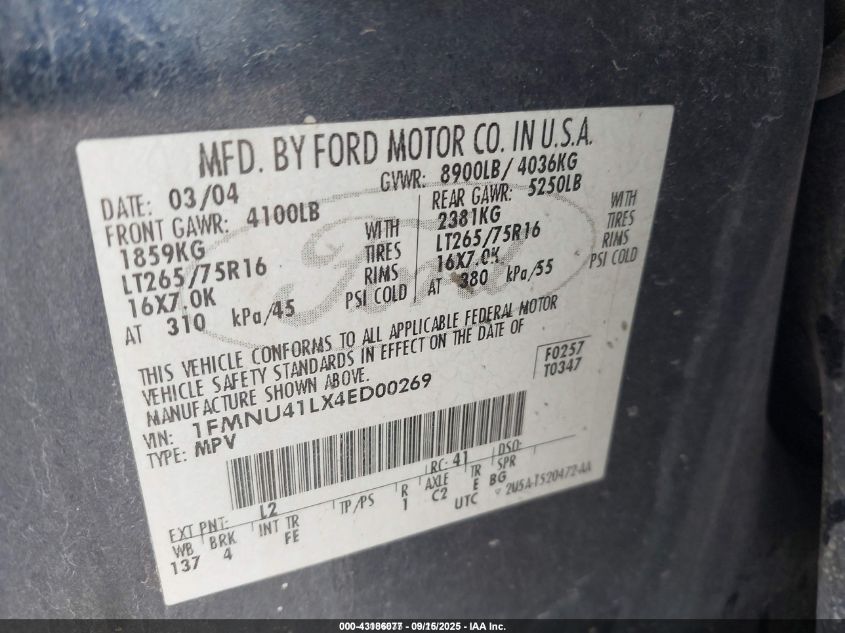 2004 Ford Excursion Xls/Xlt VIN: 1FMNU41LX4ED00269 Lot: 43186077