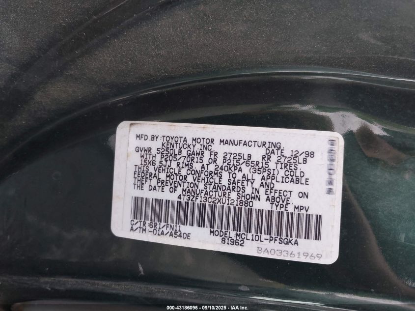 1999 Toyota Sienna Le VIN: 4T3ZF13C2XU121880 Lot: 43186096