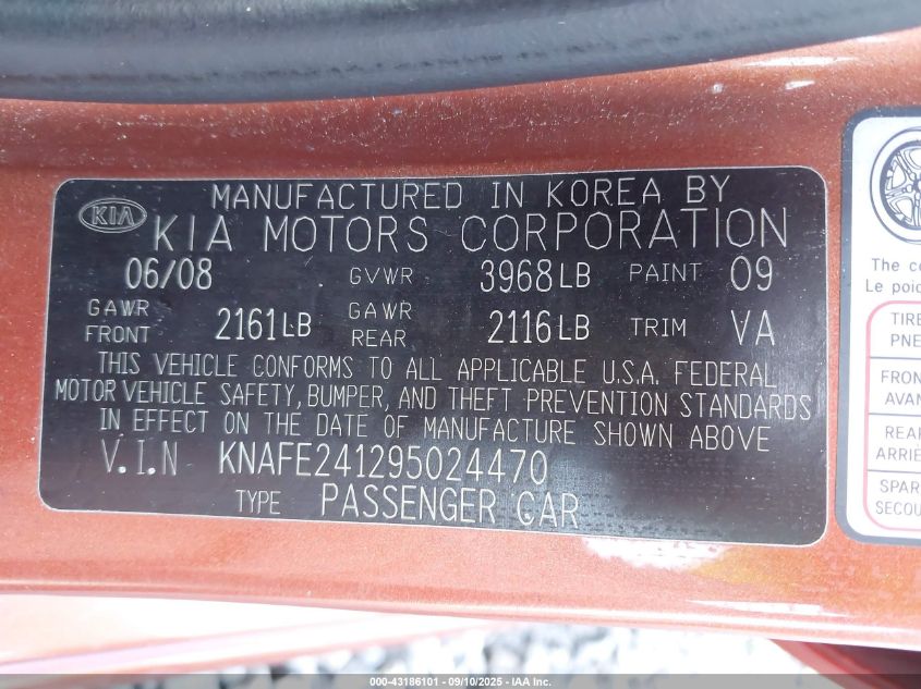 2009 Kia Spectra5 Sx VIN: KNAFE241295024470 Lot: 43186101