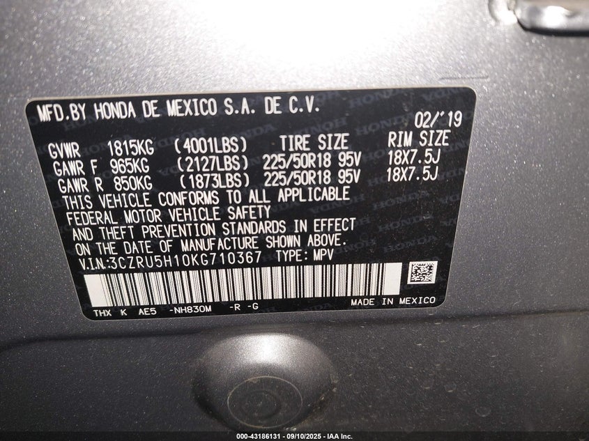 2019 HONDA HR-V SPORT - 3CZRU5H10KG710367
