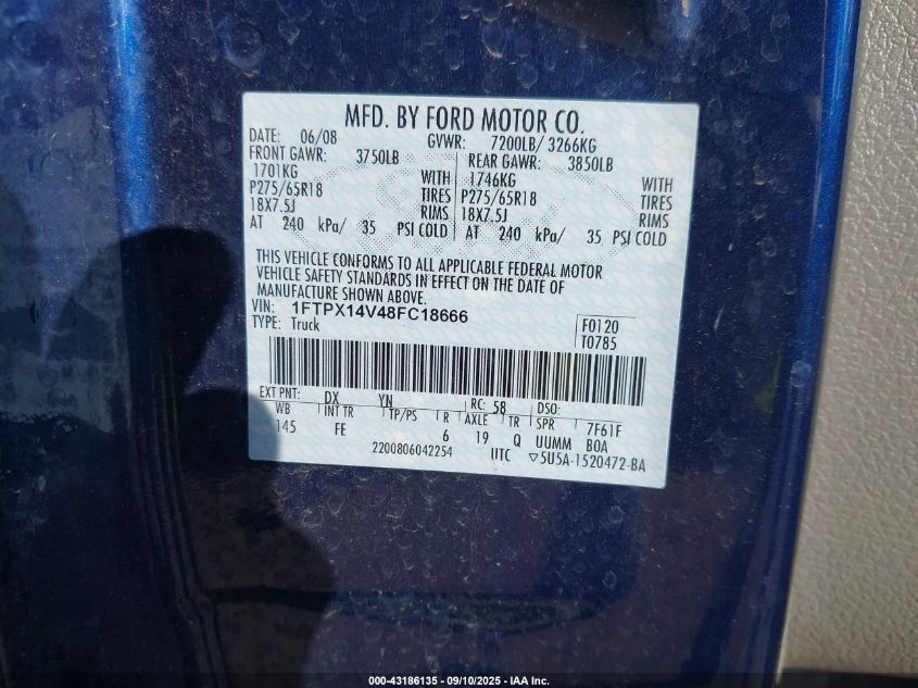 2008 Ford F150 VIN: 1FTPX14V48FC18666 Lot: 43186135