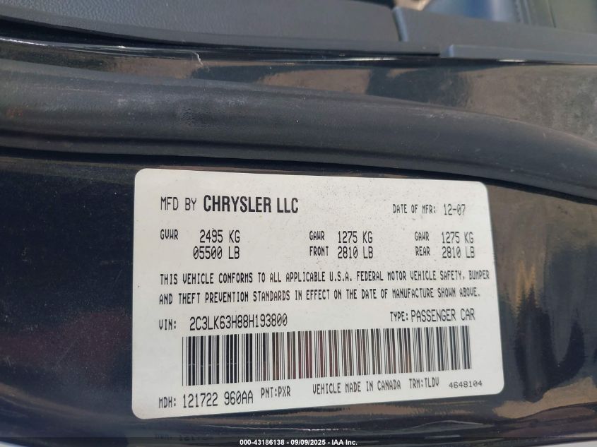 2008 Chrysler 300C VIN: 2C3LK63H88H193800 Lot: 43186138