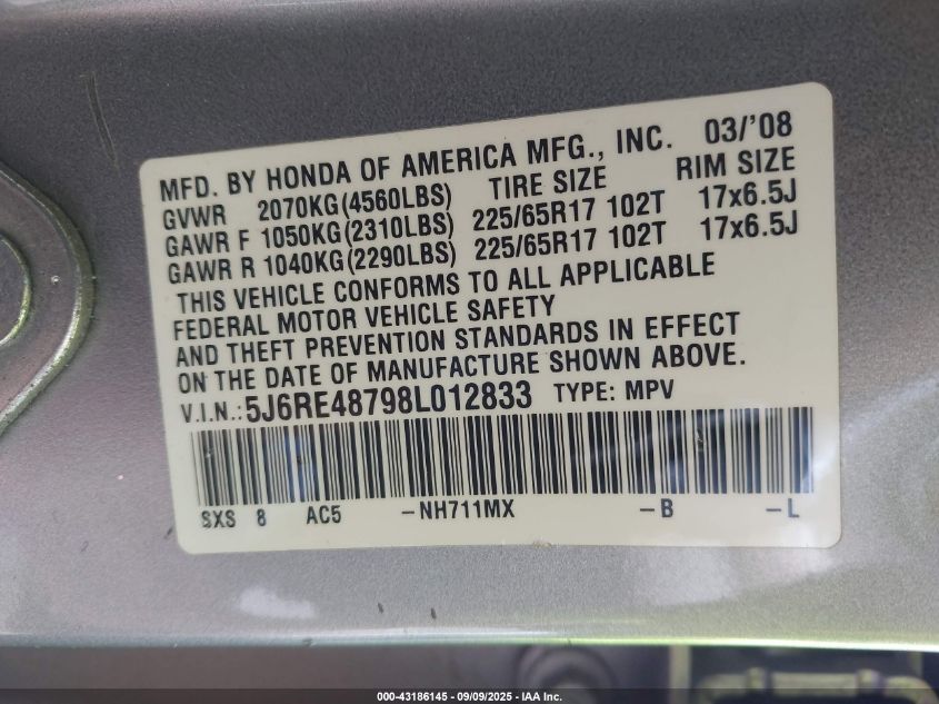 2008 Honda Cr-V Ex-L VIN: 5J6RE48798L012833 Lot: 43186145