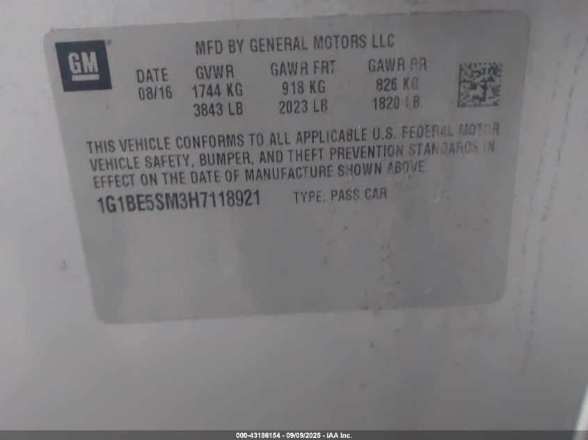 2017 Chevrolet Cruze Lt Auto VIN: 1G1BE5SM3H7118921 Lot: 43186154