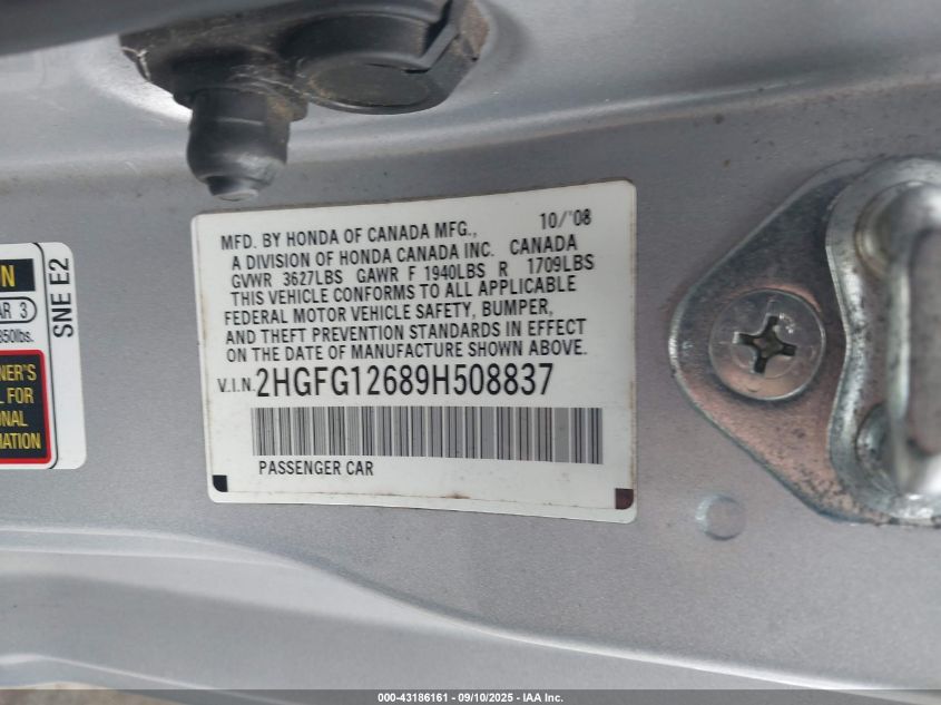 2009 Honda Civic Lx VIN: 2HGFG12689H508837 Lot: 43186161