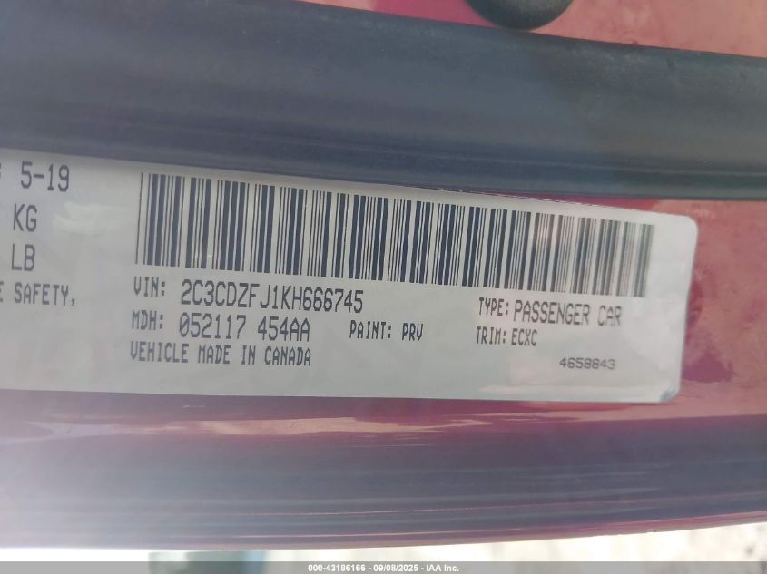 2019 Dodge Challenger R/T Scat Pack VIN: 2C3CDZFJ1KH666745 Lot: 43186166