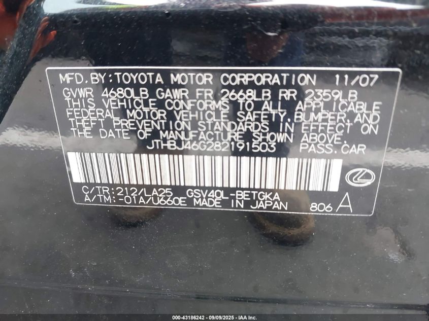 2008 Lexus Es 350 VIN: JTHBJ46G282191503 Lot: 43186242