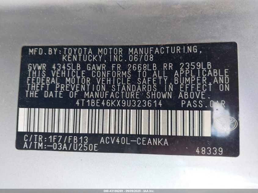 2009 Toyota Camry Le VIN: 4T1BE46KX9U323614 Lot: 43186269