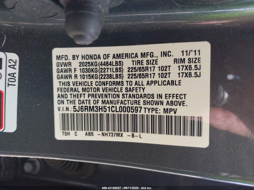 2012 Honda Cr-V Ex VIN: 5J6RM3H51CL000597 Lot: 43186297