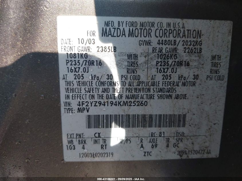 2004 Mazda Tribute Lx V6 VIN: 4F2YZ94194KM25260 Lot: 43186301