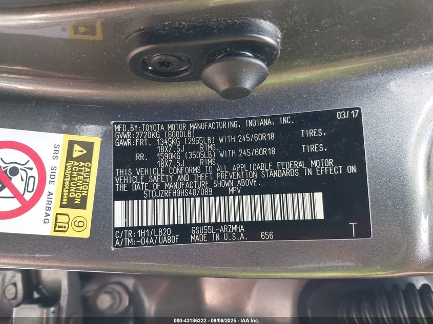 2017 TOYOTA HIGHLANDER XLE - 5TDJZRFH9HS407089