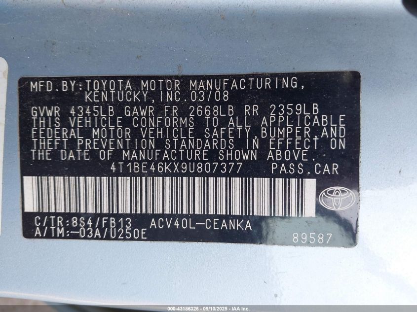 2009 Toyota Camry Le VIN: 4T1BE46KX9U807377 Lot: 43186326