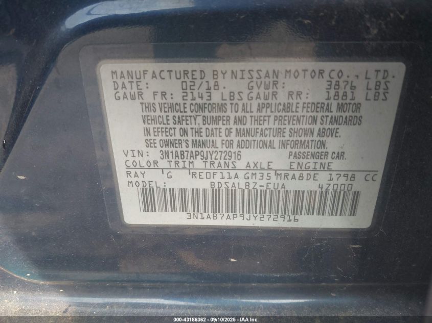 2018 Nissan Sentra S VIN: 3N1AB7AP9JY272916 Lot: 43186362