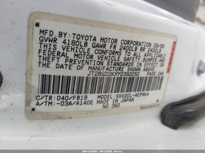 2000 Toyota Camry Le VIN: JT2BG22KXY0392052 Lot: 43186381