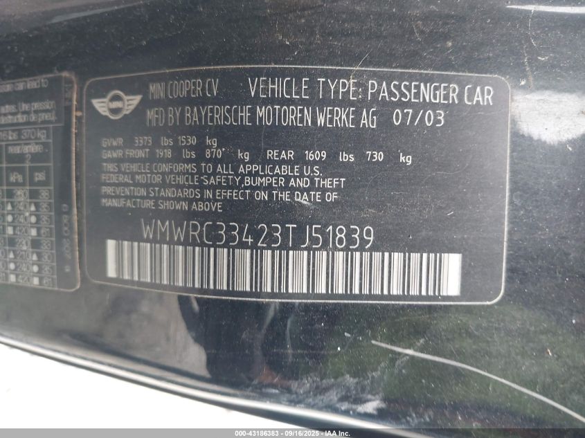 2003 Mini Cooper VIN: WMWRC33423TJ51839 Lot: 43186383