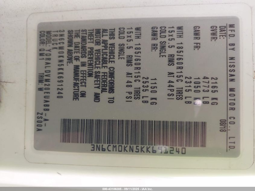 2019 Nissan Nv200 S VIN: 3N6CM0KN5KK691240 Lot: 43186385