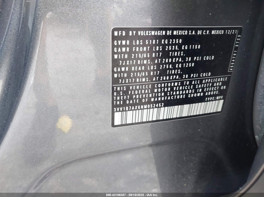 2022 VOLKSWAGEN TIGUAN 2.0T S - 3VV1B7AX6NM052452