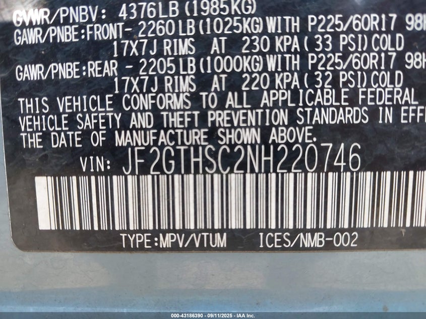 2022 SUBARU CROSSTREK(VIN: JF2GTHSC2NH220746