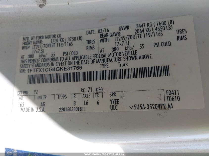 2016 Ford F-150 Xl VIN: 1FTFX1CG4GKE31766 Lot: 43186418