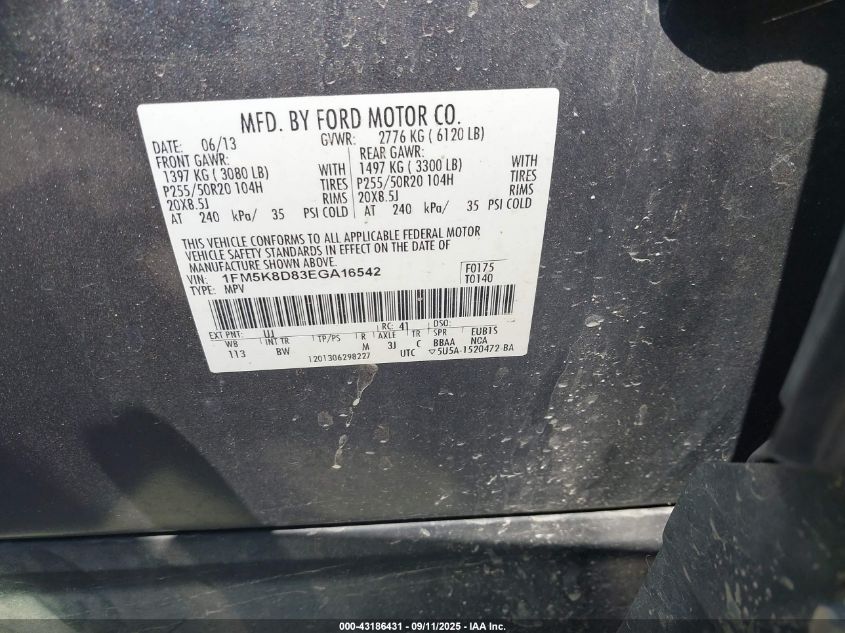 2014 Ford Explorer Xlt VIN: 1FM5K8D83EGA16542 Lot: 43186431